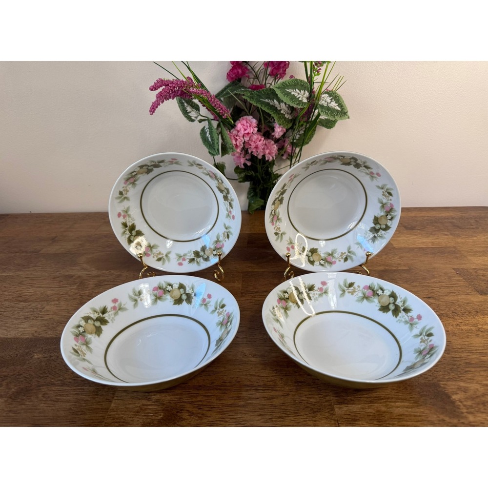 Vintage Mikasa Sumay Olive Green Pink Floral Cereal Soup Bowls Set of 4 Japan